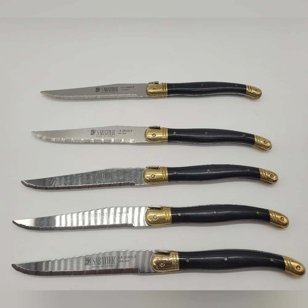 La Guiole Sabatier The Bee Black GOLD Serrated Steak Knives Set Of 5 - Vintage‌
